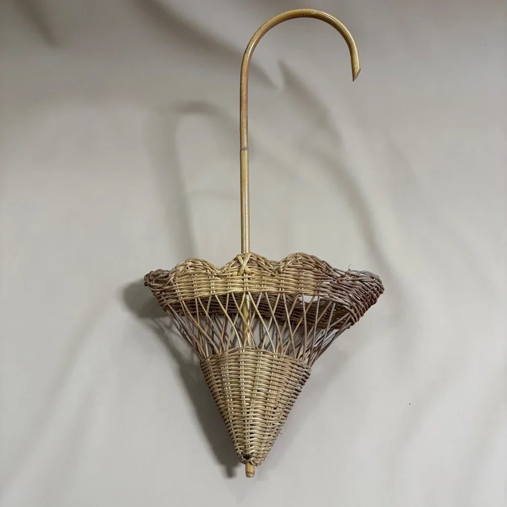 Vintage Wicker Umbrella Wall Basket Hanging Parasol Planter MCM Cottagecore